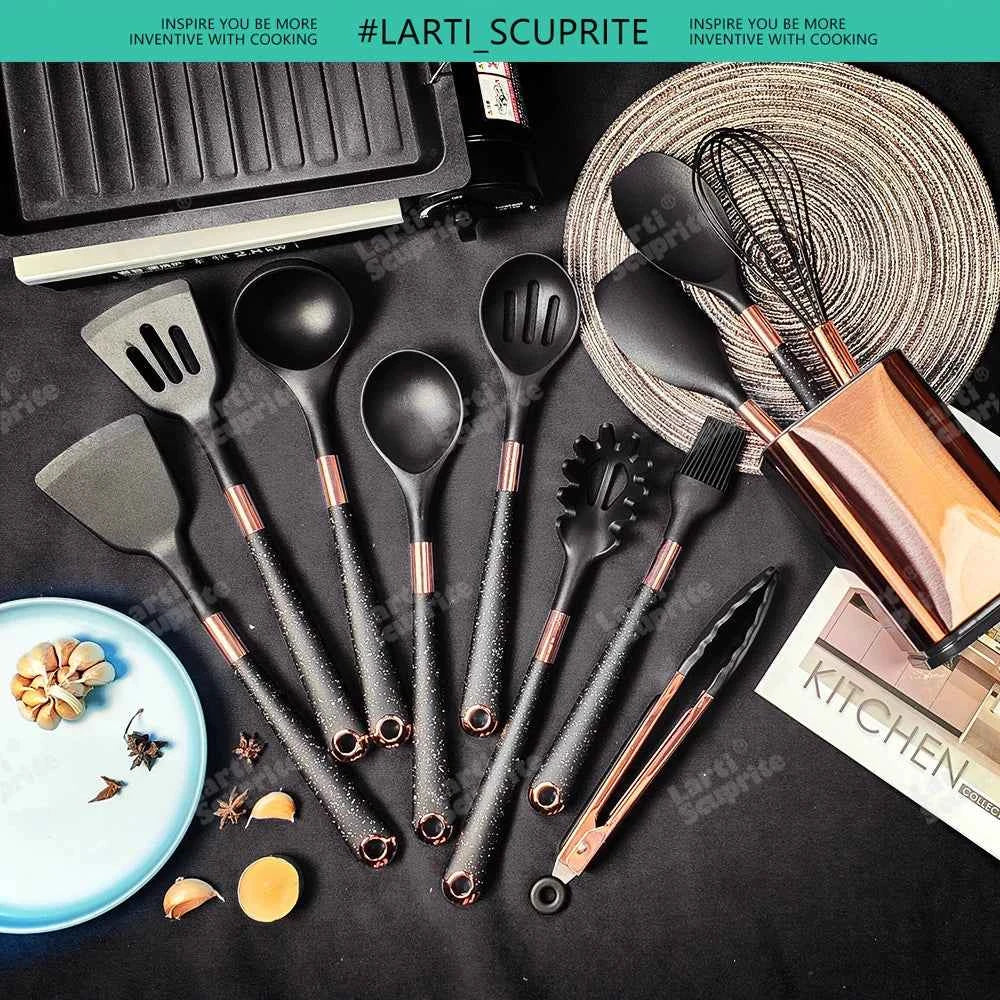 Good Quality Silicone Kitchen Utensils Set Rose Gold Plated Handle Cooking Tool Non-stick Heat Resistant Kitchenware Accessories