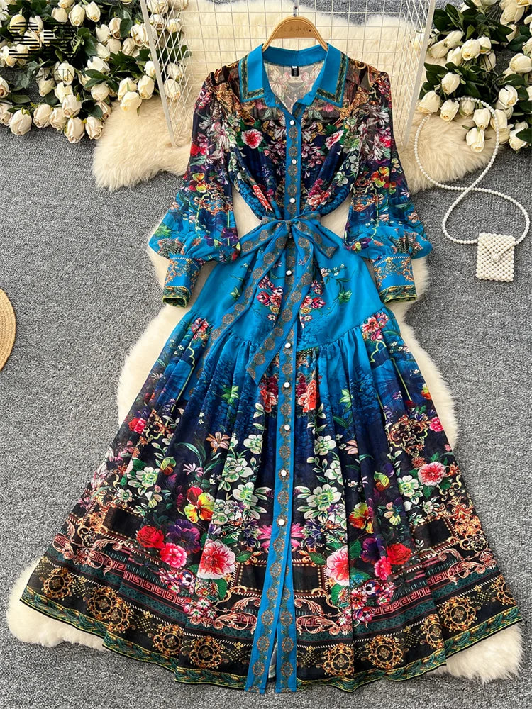 SINGREINY Vintage Print Chiffon Dresses Women Lantern Sleeve O Neck Design Fashion High Quality Court Floral Pleated Long Dress