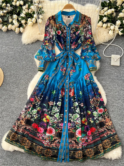 SINGREINY Vintage Print Chiffon Dresses Women Lantern Sleeve O Neck Design Fashion High Quality Court Floral Pleated Long Dress