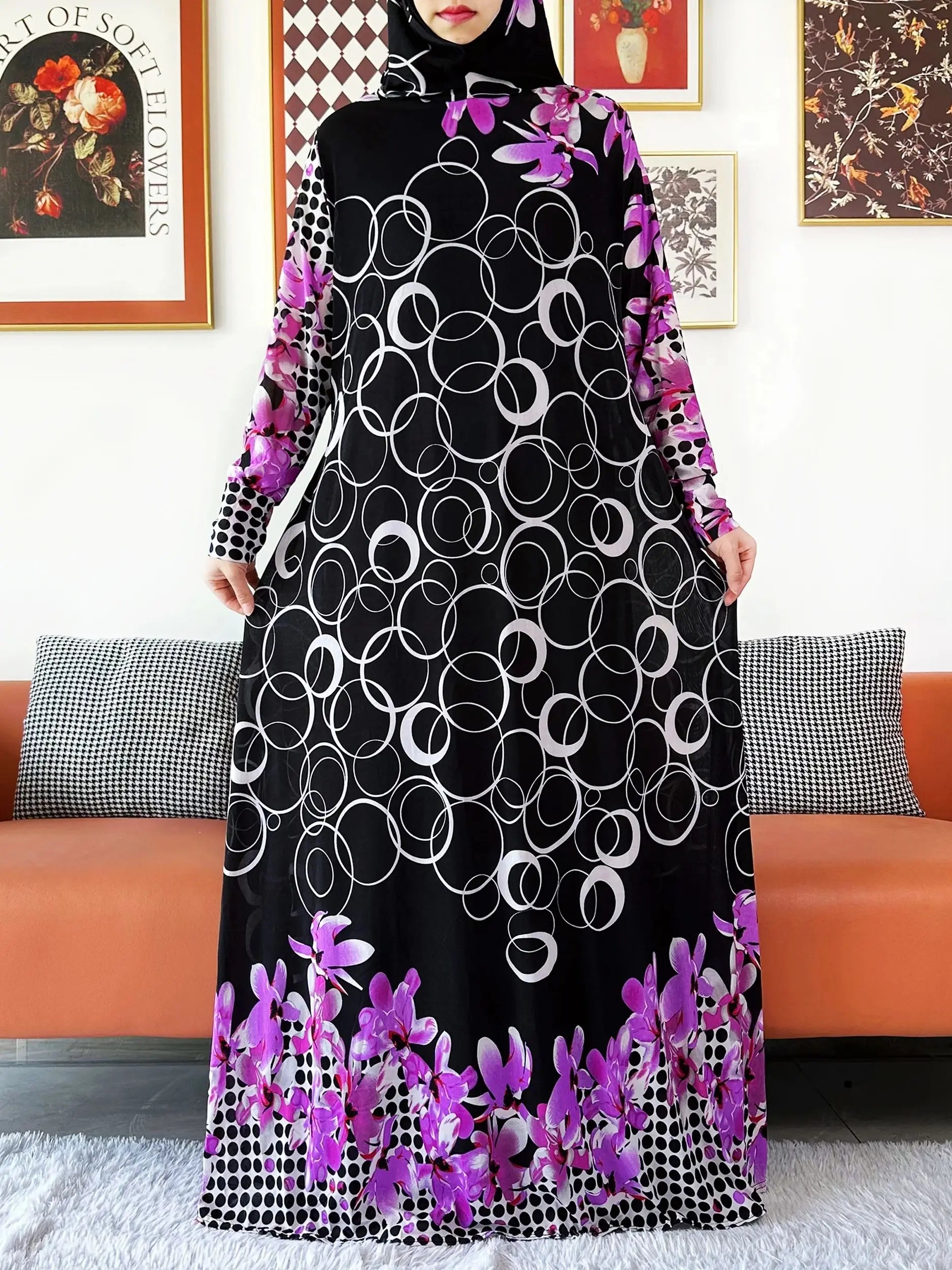 2025 Floral Ramadan Muslim Dress Solid Color Khimar Kaftan Abaya Robe with Attached Hijab Middle East Prayer Garment for Women - AMULET RING STORE