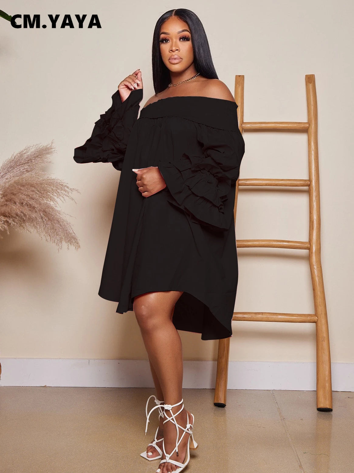 CM.YAYA Chic Women Cascading Ruffles Petal Off Shoulder Long Sleeve Smock Dress 2022 Big Swing Loose Blouse Sundress Vestidos - AMULET RING STORE