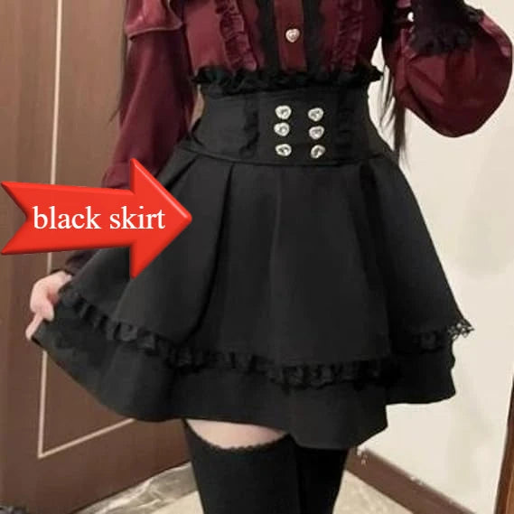 Sweet Gothic Lolita Two Piece Set, Off Shoulder Blouse + High Waist Skirt, Kawaii Tri-color Lace Coord Outfit for Women & Teens