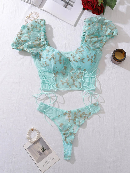 Sexy Women Lingerie Floral Embroidery Exotic Underwear Set Mesh Short Puff Sleeve T-shirts Tops and Panties Erotic Sleepwear - AMULET RING STORE