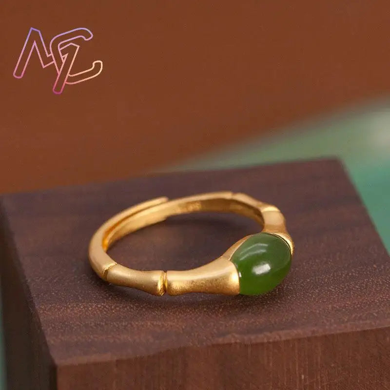 Green Natural Jade Bamboo Rings Stone Carved Gemstone Vintage Charm Lucky Talismans Adjustable Ring Real Jewelry