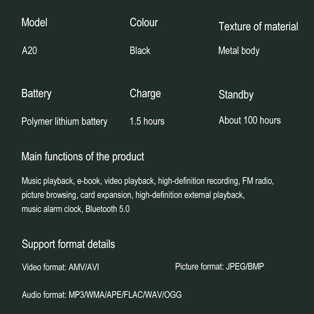 HiFi Bluetooth MP3 Player - Lossless Music Sport Earphone Portable Audio Walkman with FM E-book Recorder