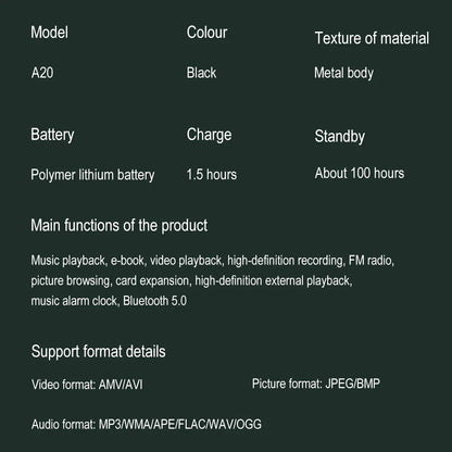 HiFi Bluetooth MP3 Player - Lossless Music Sport Earphone Portable Audio Walkman with FM E-book Recorder