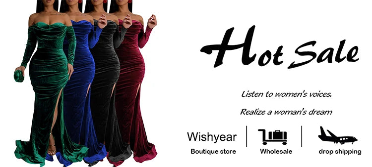 Elegant Women Velvet Off Shoulder Long Sleeve Ruched Split Mermaid Dress Luxury Wedding Evening Birthday Party Festival Vestidos - AMULET RING STORE