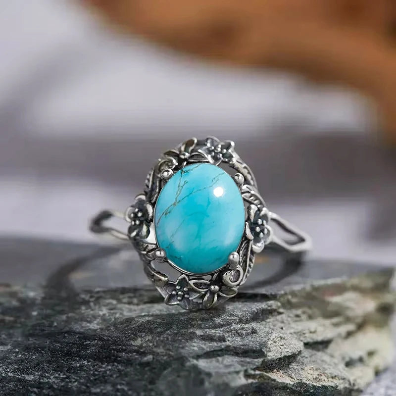 Vintage 925 Sterling Silver Ring Irregular Flowers Natural Rose Quartz Punk Ring Bohemian Silver Ring Fine Jewelry For Women