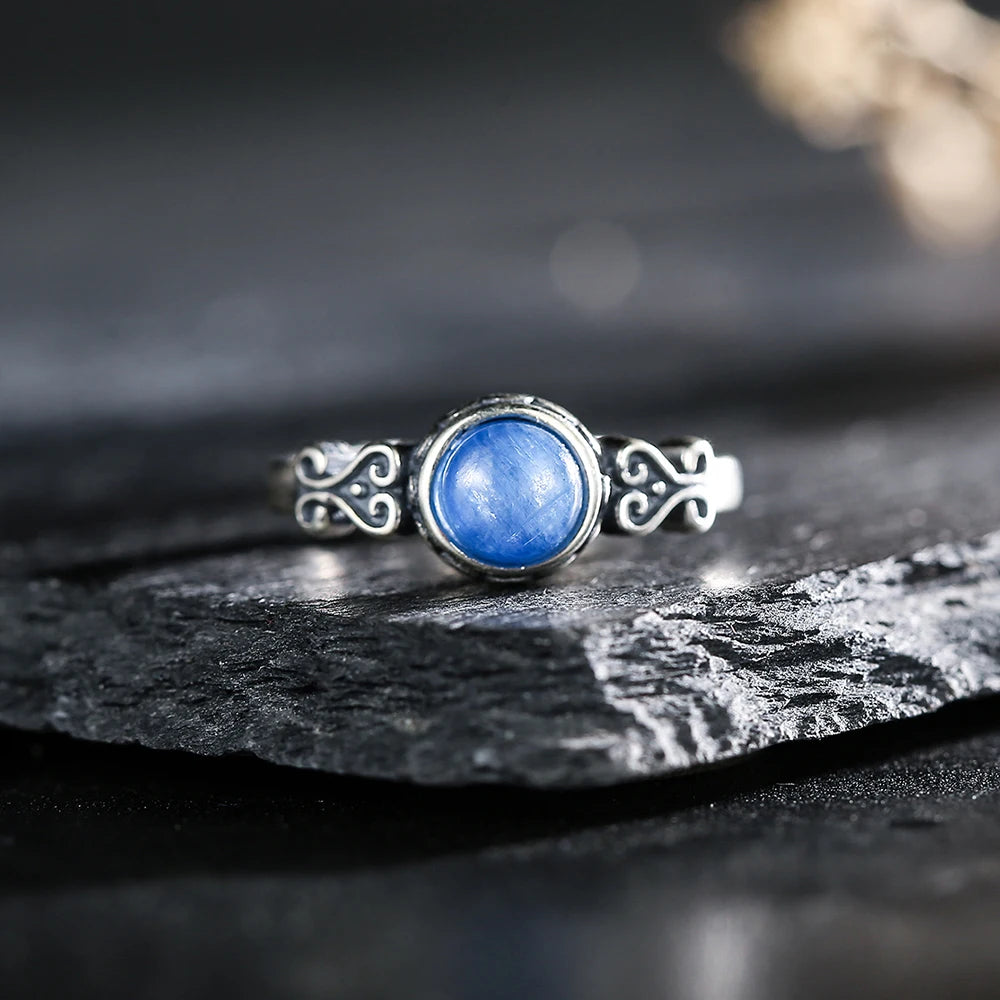 Retro 925 Silver Blue Crystal Ring, Natural Crystal Women's Ring Jewelry, Elegant Retro Ring Bohemian Style, Adjustable Size - AMULET RING STORE
