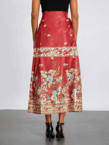 Women s Horse Face Skirt Elegant Phoenix Character Flower Print Pleated Tie Up A-Line Long Swing Skirt National Clothing