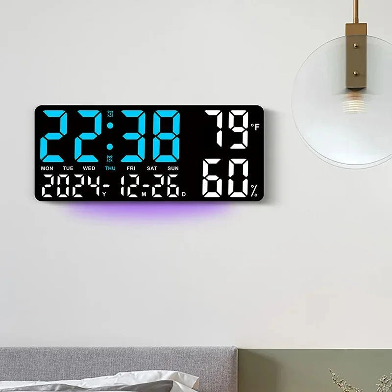 Digital Wall Clock with Atmosphere Lights Remote Control TEMP Humidity Display LED Large Table Clock Multifunctional Alarm Clock