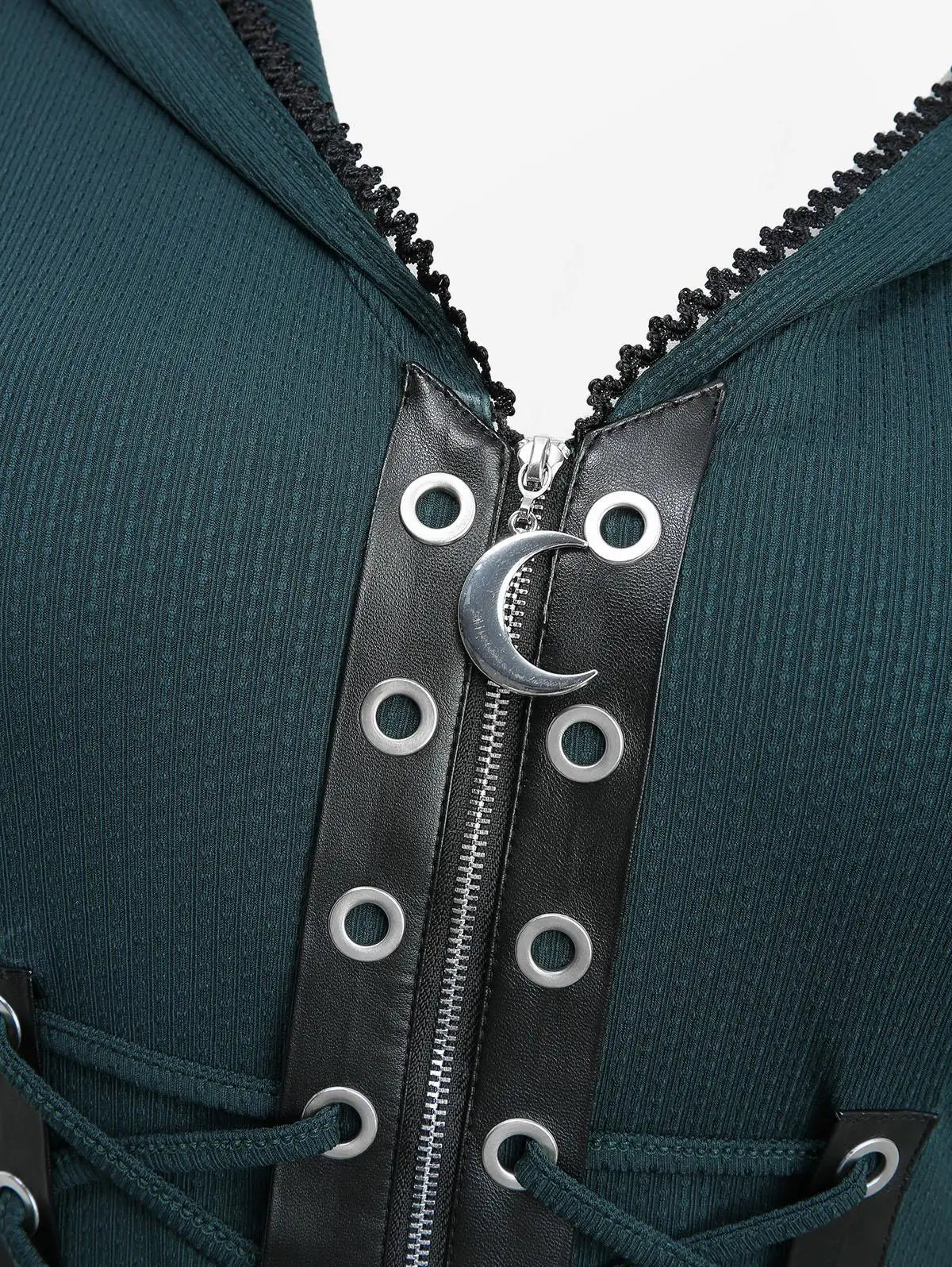 ROSEGAL Plus Size Lace-up Grommets Hooded Lace Trim Split Dress Women Autumn Winter Deep Green Long Sleeves Casual Dresses