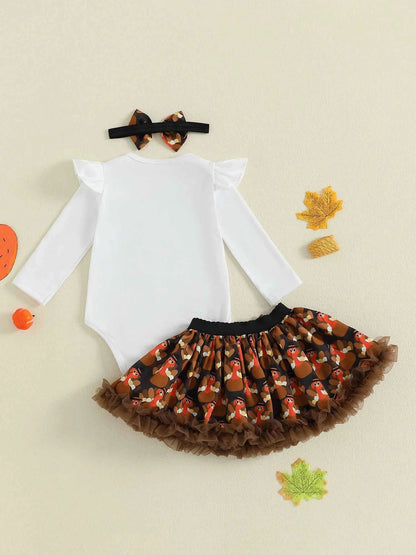 Adorable Baby Girls 3-Piece Thanksgiving Ensemble with Long Sleeve Romper Mini Skirt and Headband - Fall Fashion Set