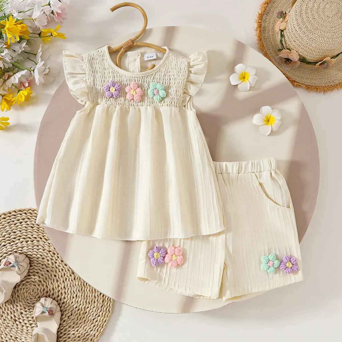 Baby Girls Summer Set Flowers Short Sleeved Top Bow Shorts Casual Toddler Clothes for Kids 1-4 Year