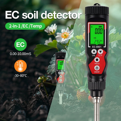 2 In 1 Soil EC Meter Handheld Digital Soil Tester Multifunction EC Temp Detector Backlit Soil EC Analyzer for Garden Greenhouse - AMULET RING STORE