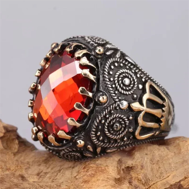 Red Emerald Men's Ring Turkey Retro Domineering Personality Ring