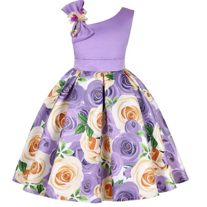 Summer Girls Rose Print Dress Princess Wedding Birthday Party Frocks Satin Children Vestidos Dresses For Girl Christmas Clothing