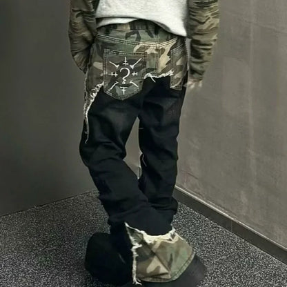 American Street Vintage Washed Camouflage Stitching Jeans Men And Women Y2K High Street Hip Hop Straight Baggy Slim Pants Tide