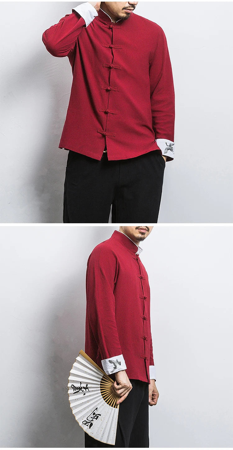 New Crane Embroidery Top Traditional Chinese Clothing for Men Vintage Half Sleeve Linen Shirts Solid Madarin Collar Hanfu Kungfu
