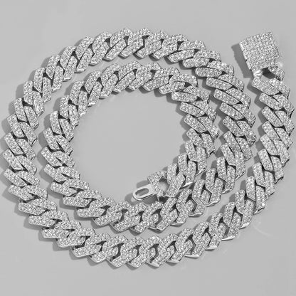 Iced Out Bling AAA Rhinestones Prong Cuban Link Chain Men's Necklace 2 Row Crystal Curb Cuban Chain Hip Hop Jewelry 13/14/20MM - AMULET RING STORE