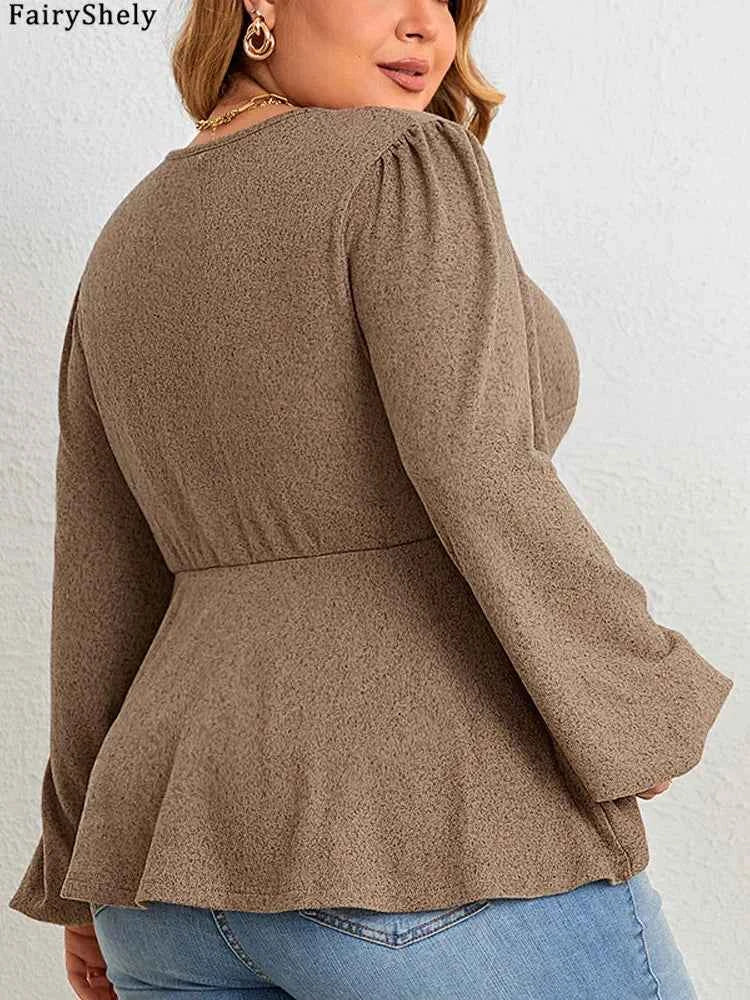 Fairyshely 2025 Spring Autumn V Neck Plus Size Top Women Long Sleeve Loose Large T-shirt Lady Brown Casual Curvy Pullover Tops