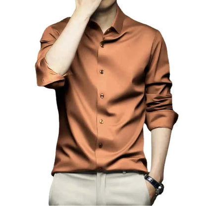 X-6XL Orange Men's Long Sleeve Shirt Luxurious Wrinkle Resistant and Non ironing Solid Business Casual Dress Shirt