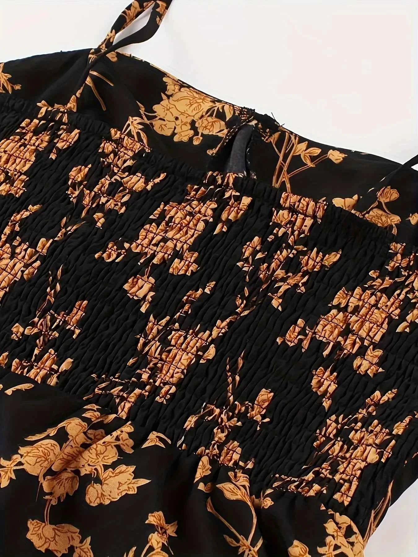 2024 European and American fashion plus size women's new flower print A-line skirt bow tie slit dress