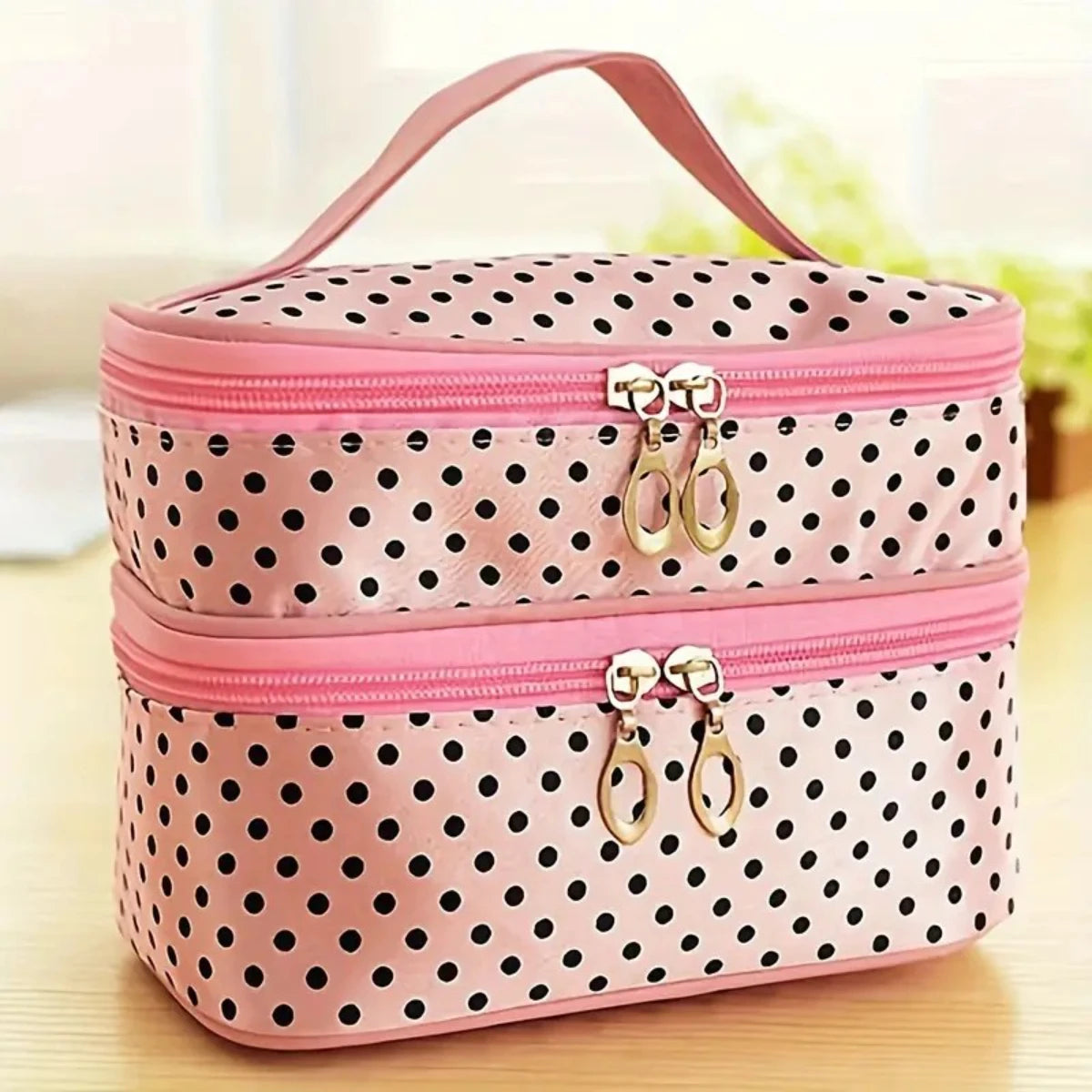 Stylish Double Layer Polka Dot Makeup Bag with Handle & Brush Holder, Compact Toiletry Organizer for Women’s Travel & Beauty E - AMULET RING STORE