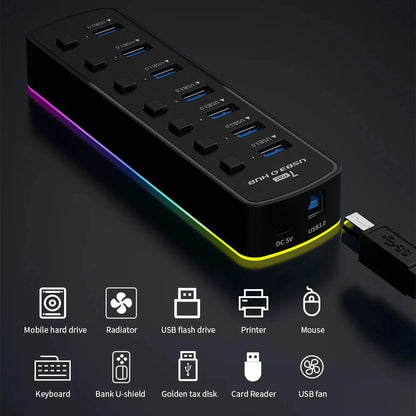 RGB USB 3.0 Hub 7 Ports Data Port Adapter 5Gbps Individual On/Off Switch Splitter Gaming USB Hub For Laptop PC Computer Accessor