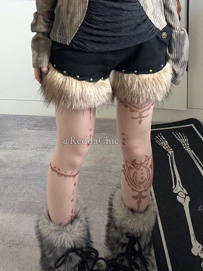 ReddaChic Women's Low Waist Fur Short Pants Retro Black Denim Wide Leg Studded Fuzzy Cargo Shorts Grayu Y2k Harajuku Streetwear