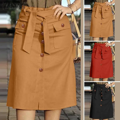 2024 ZANZEA Women High Waist Solid Cargo Skirt Fashion Summer Skirts OL Work Knee-length Faldas Saia Casual Party Club Jupe