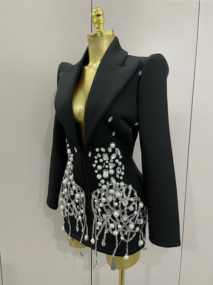 Sparkly Crystal Chains Pearls Long Sleeve Mini Dress 2025 Women Birthday Evening Party Nightclub Outfit Singer Wedding Costume - AMULET RING STORE