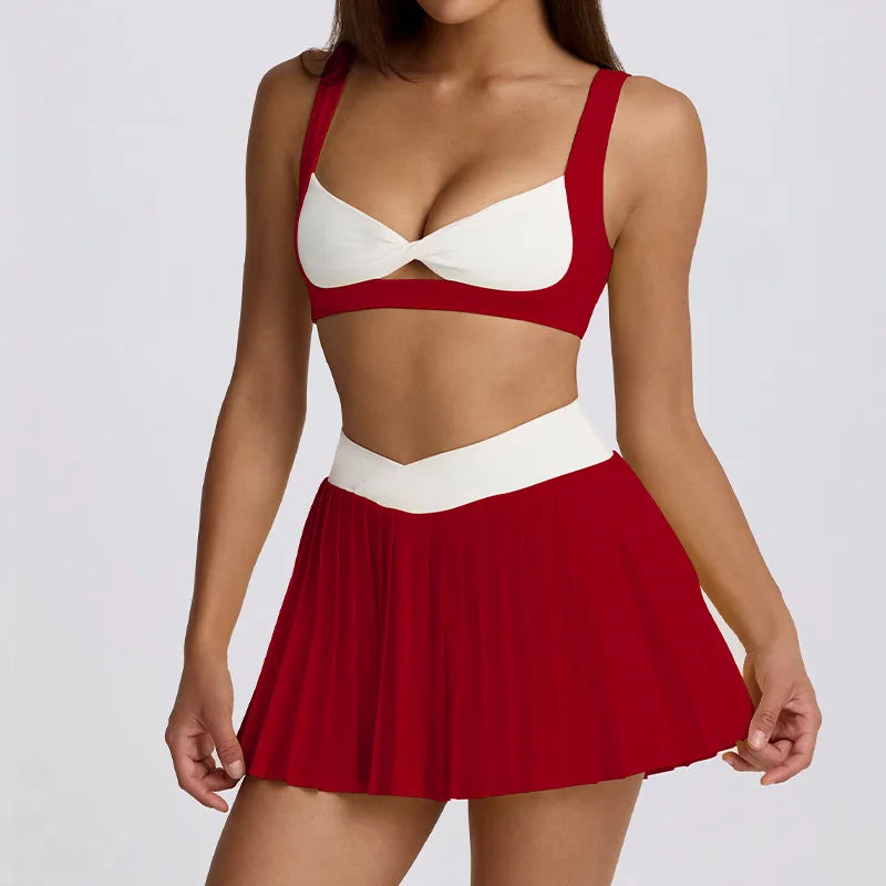 Sports Yoga Set 2 Pieces Women Tracksuit Sportswear Workout Running Clothing High Waist Short Skirt Sports Bra Athletic Wear