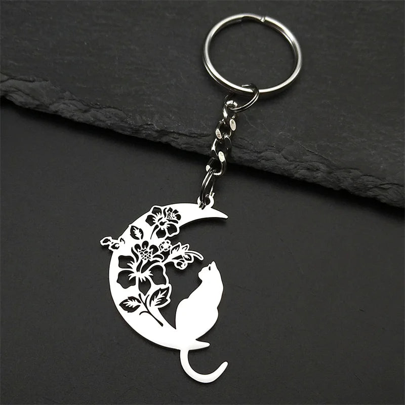 Aesthetic Cat Flower Moon Crescent Necklace for Women Men Stainless Steel Silver Color Bohemia Chain Gift Jewelry collar 3220