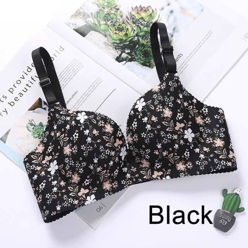 Women Flower Print Seamless Bra Sexy Lingerie Floral Push Up Bras One-Piece Underwear - AMULET RING STORE