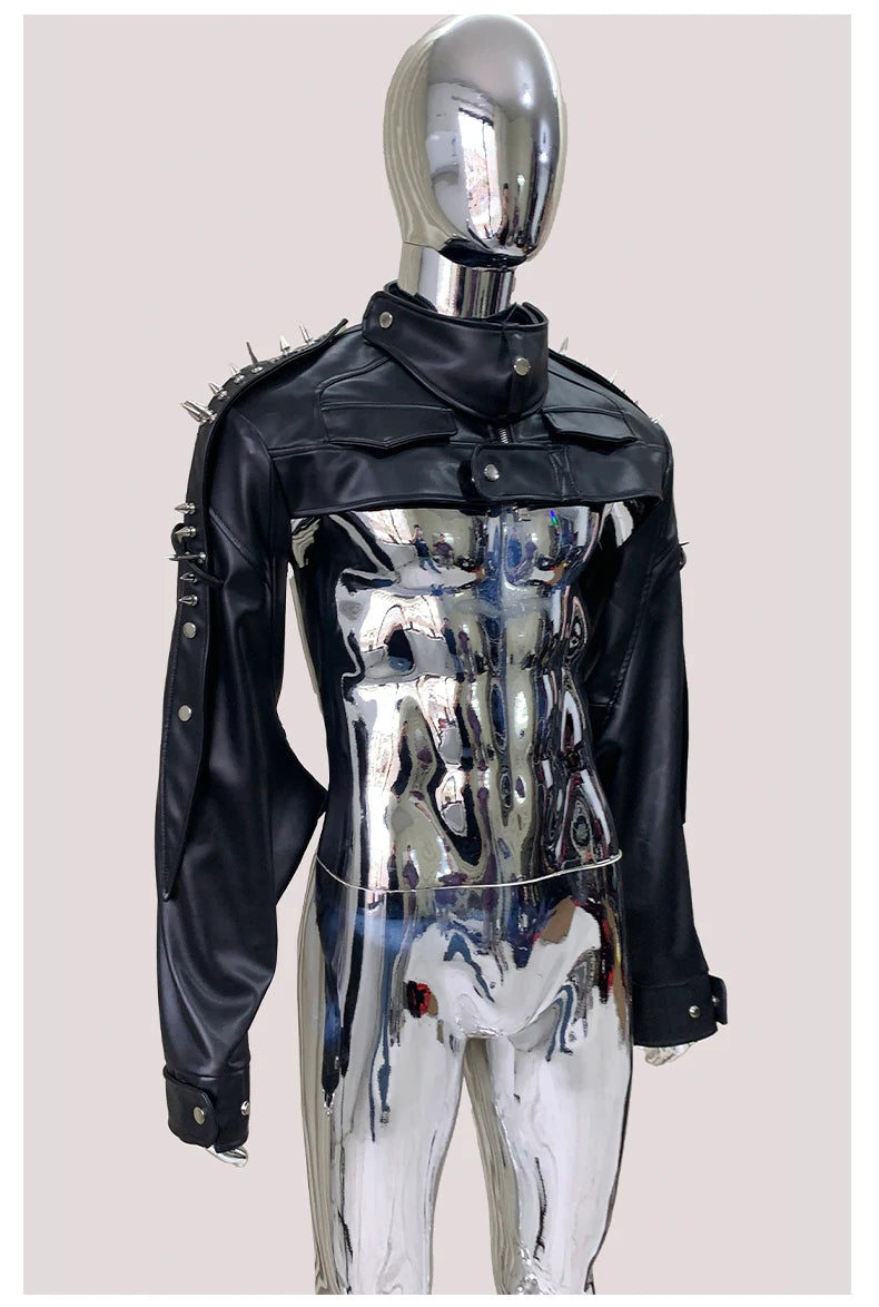 Mauroicardi Spring Autumn Cool Black Cropped Faux Leather Jacket Men Rivet Long Sleeve Zip Up Luxury Punk Style Emo Clothes 2025