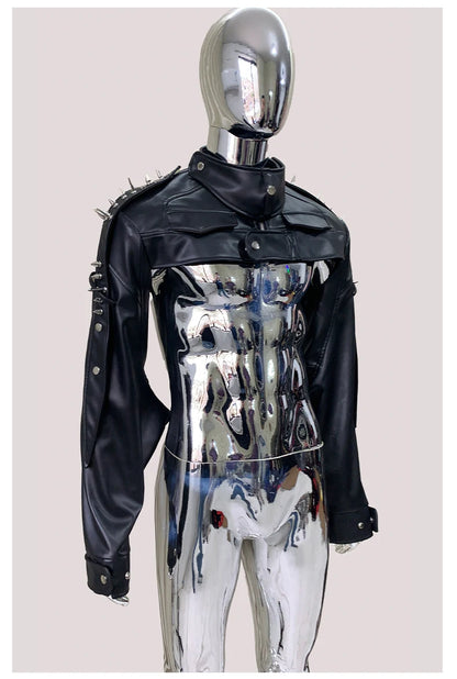 Mauroicardi Spring Autumn Cool Black Cropped Faux Leather Jacket Men Rivet Long Sleeve Zip Up Luxury Punk Style Emo Clothes 2025