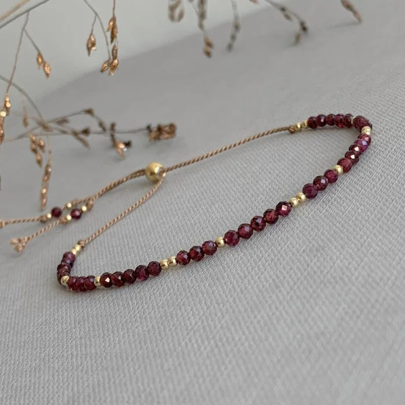 Garnet Gemstone bracelet, Birthstone January gift, dainty adjustable silk cord bracelet