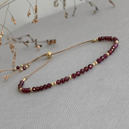 Garnet Gemstone bracelet, Birthstone January gift, dainty adjustable silk cord bracelet