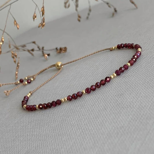 Garnet Gemstone bracelet, Birthstone January gift, dainty adjustable silk cord bracelet