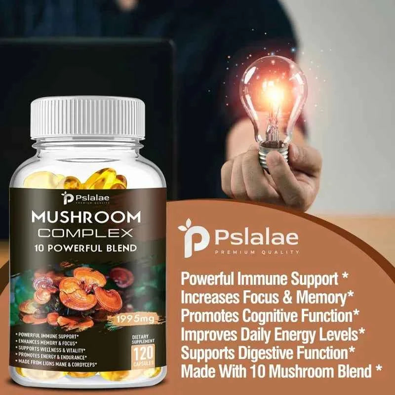 Mushroom Complex Capsules - with Lions Mane, Chaga, Reishi, Cordyceps - Support Immune System, Memory, Focus and Relieve Stress