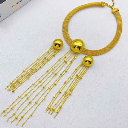 African 24k Gold Color Tassel Long Necklace Set For Women Luxury Charm Party Pendant Dubai Jewelry Sets Accessories Gifts