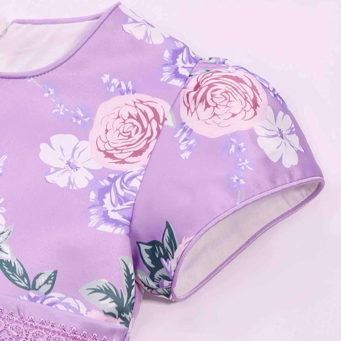 Floral attendant dress - Girls' printed lace lace-trimmed net dress for wedding - Flower girl short-sleeved princess puff-sleeve