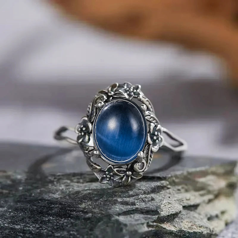 Vintage 925 Sterling Silver Ring Irregular Flowers Natural Rose Quartz Punk Ring Bohemian Silver Ring Fine Jewelry For Women