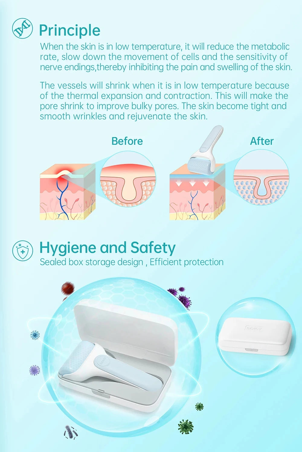 Original Skincare Ice Roller For Face SOICY S20 Derma Cooler Massager For Face Lift Sun Damage Redness Pain Relife