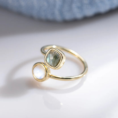 Natural Round Moonstone & Square Labradorite Double Stone Open Ring Luxury Adjustable Copper Rings for Woman Anniversary Gifts