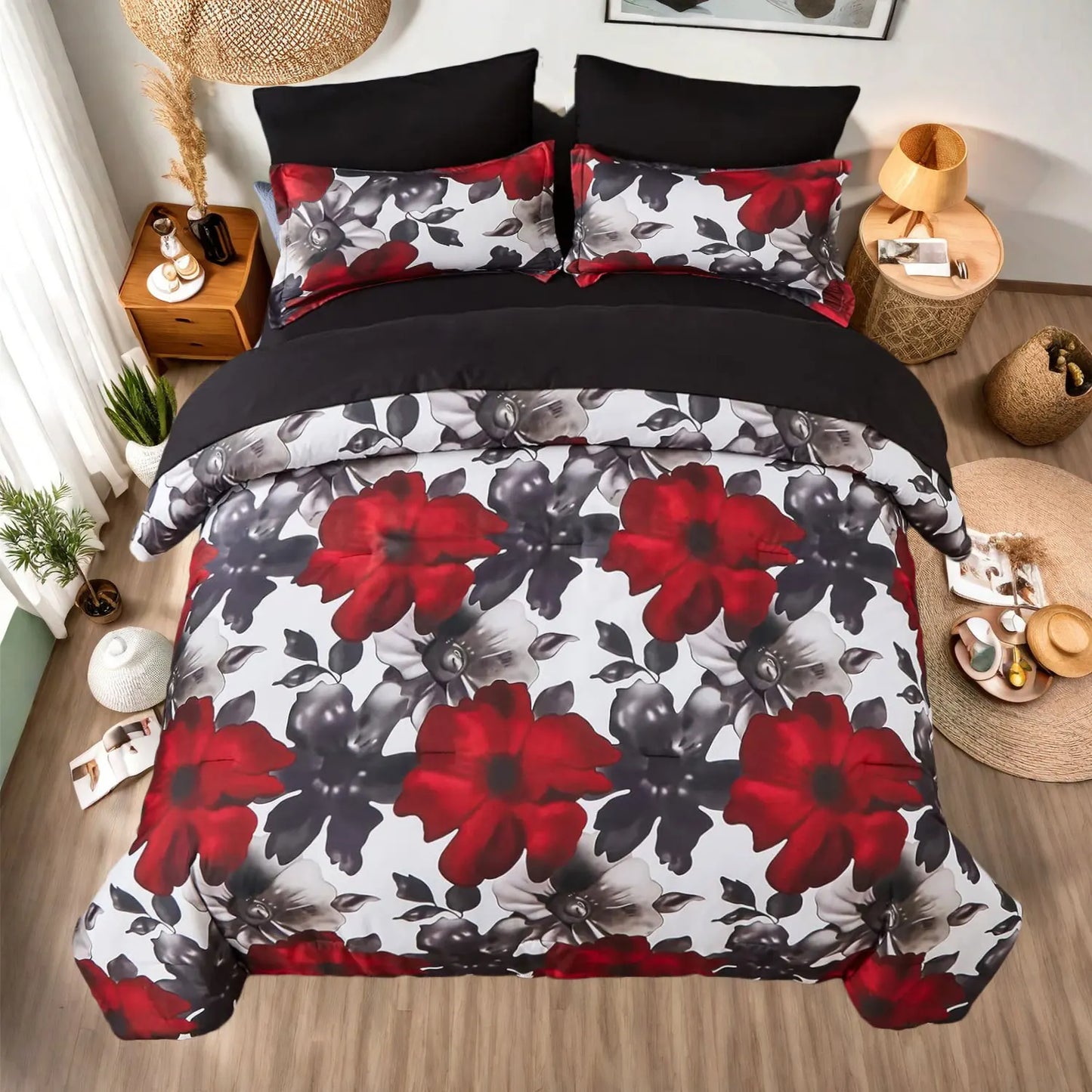 7-Pcs floral print comforter set, soft and comfortable, bedding set, room decoration, suitable for all seasons