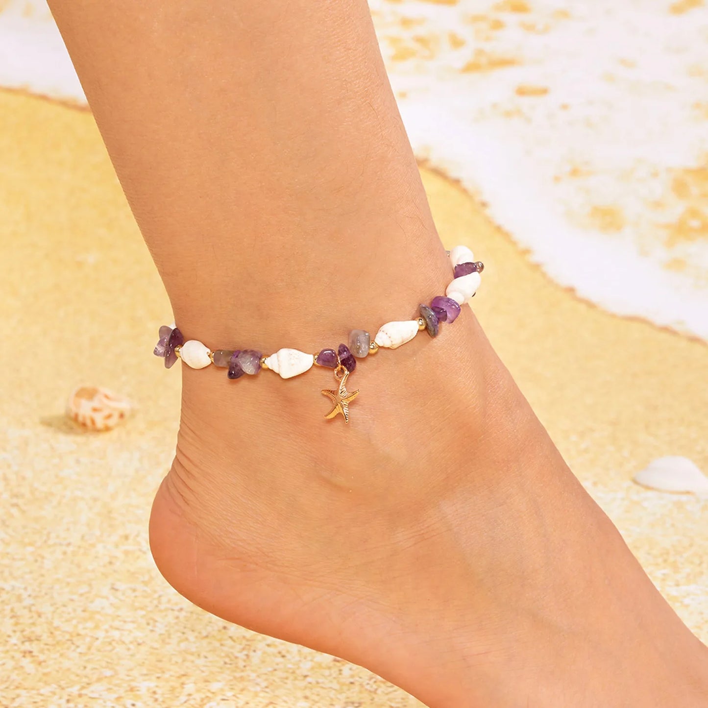 Bohemian Starfish Pendant Bracelet for Women Handmade Crushed Stone Beaded Bracelet Summer Beach Jewelry Travel Accessory Gift
