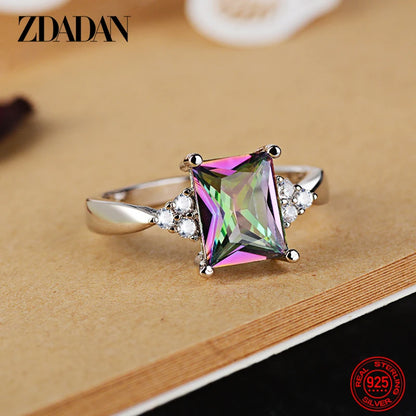 ZDADAN 925 Sterling Silver Square Aquamarine Ring For Women Fashion Wedding Jewelry
