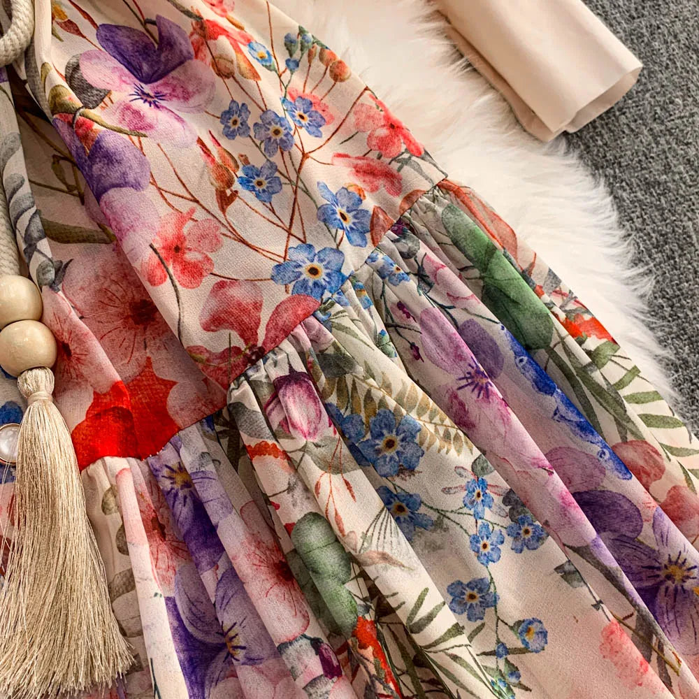 Faionable Print Long Dr Women's Spring Belted Waist Pleated Lantern Sve Turn-down Collar Dr Korean Sle Commute